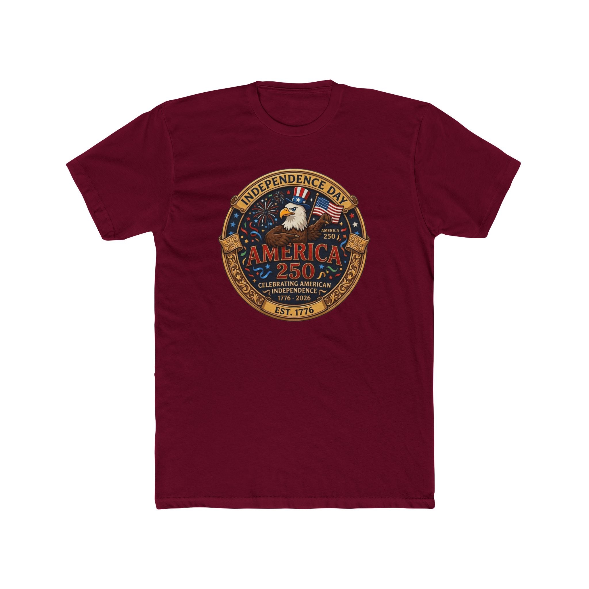 Maroon t-shirt with 'America 250' Independence Day design on a white background