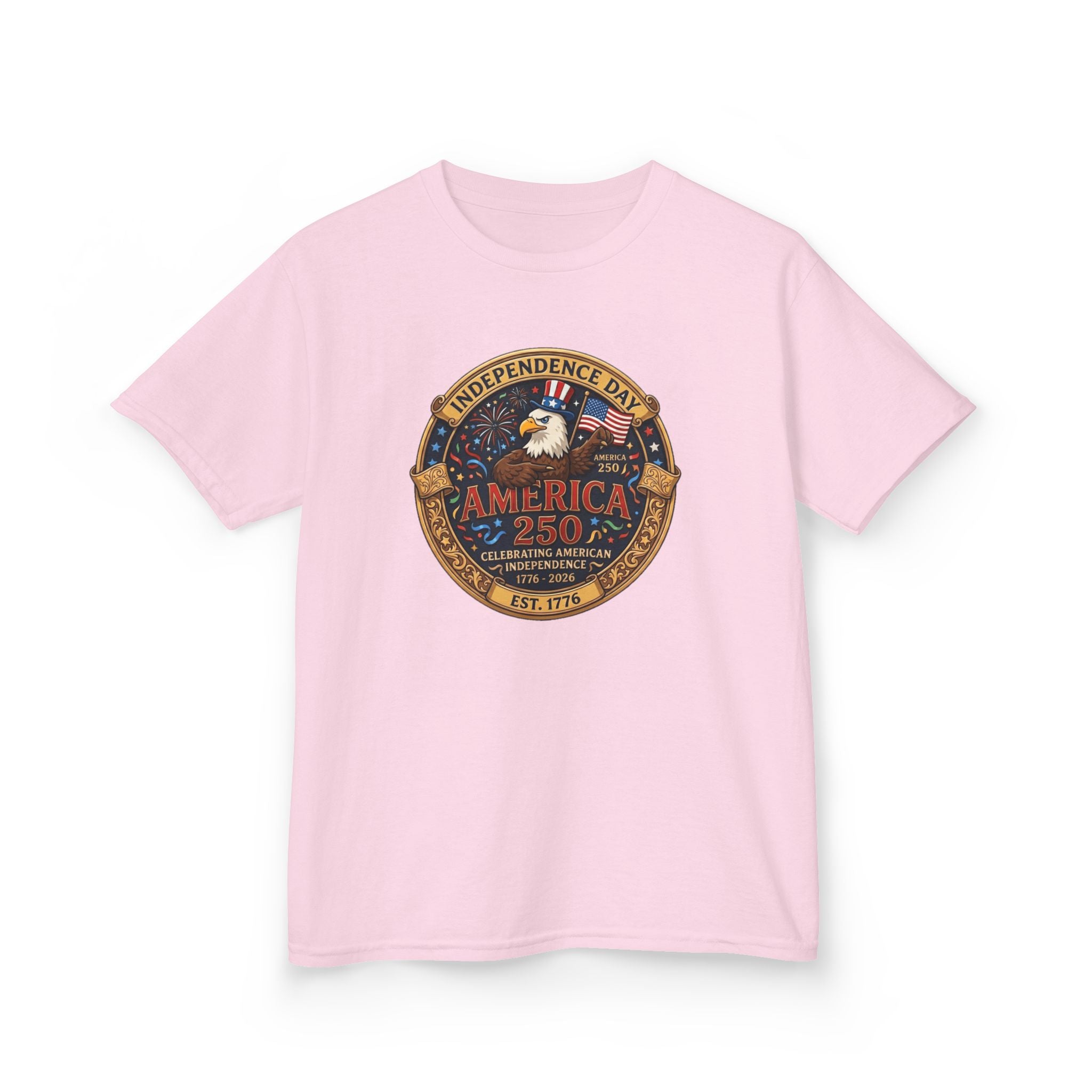 Pink t-shirt with a 'Independence Day America 250' graphic on a white background
