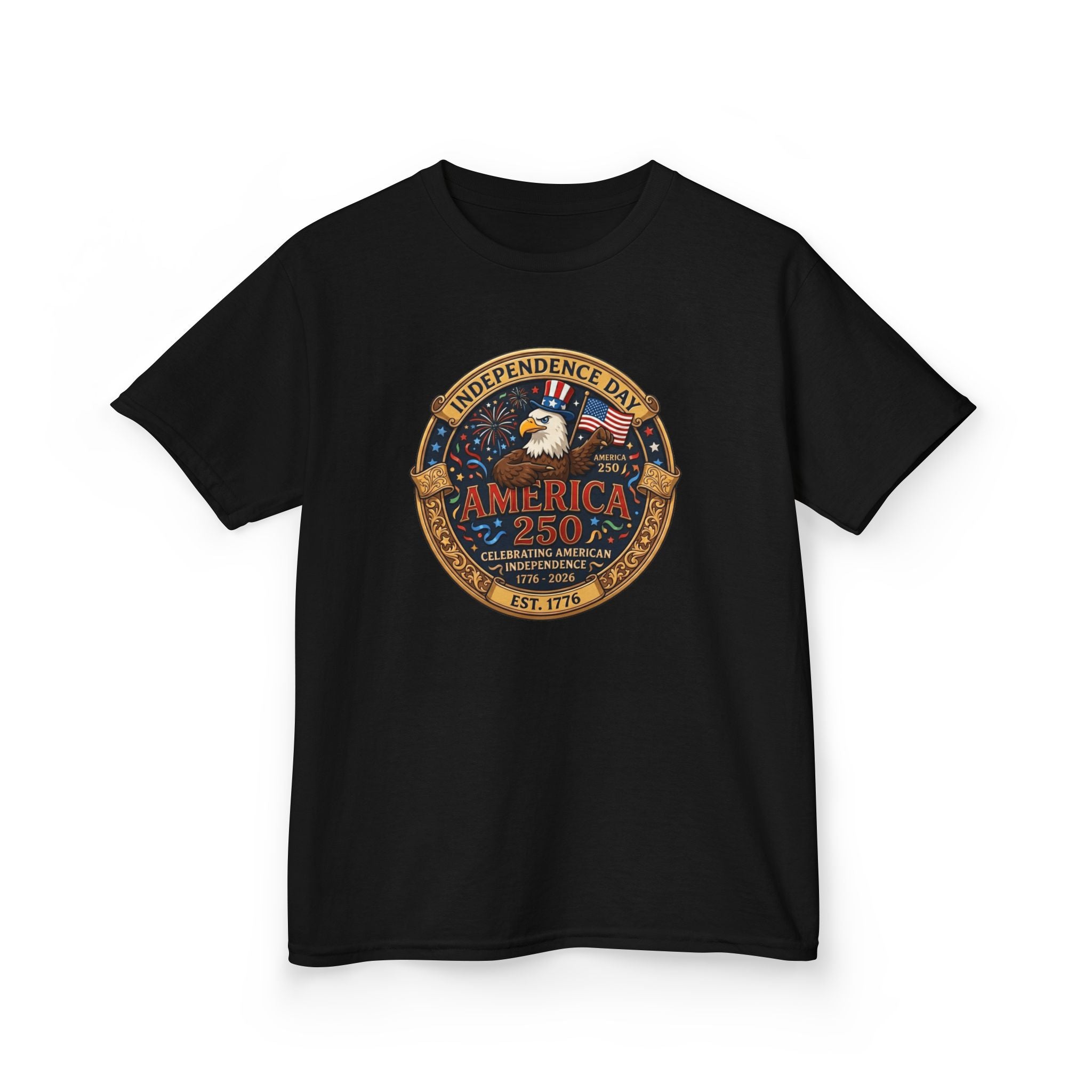 black t-shirt with a green and brown footprint design on a white background