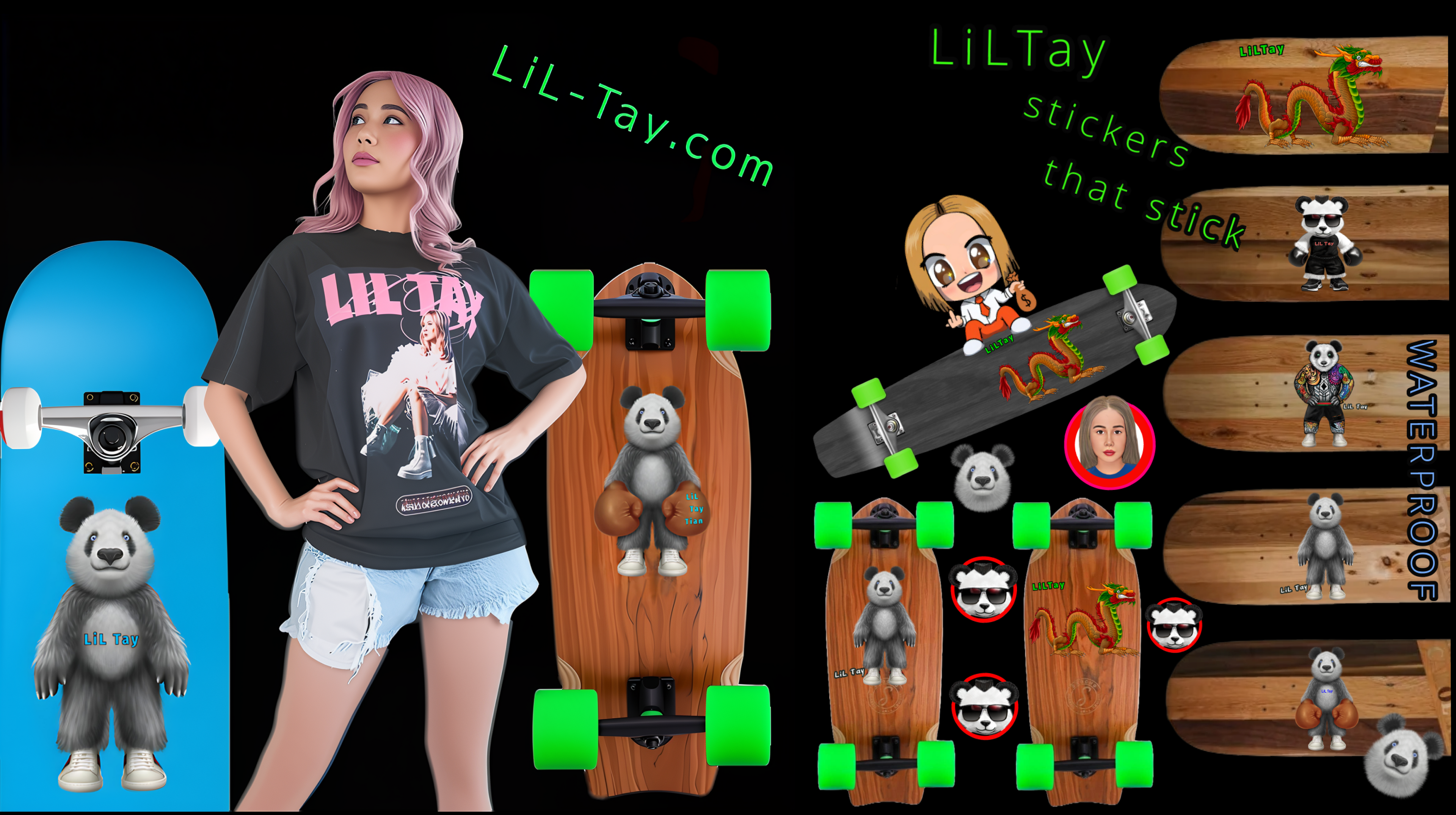lil tay stickers on skatebords black background