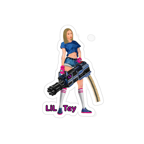 Sticker of a character holding a large weapon with 'Lil Tay' text on a white background