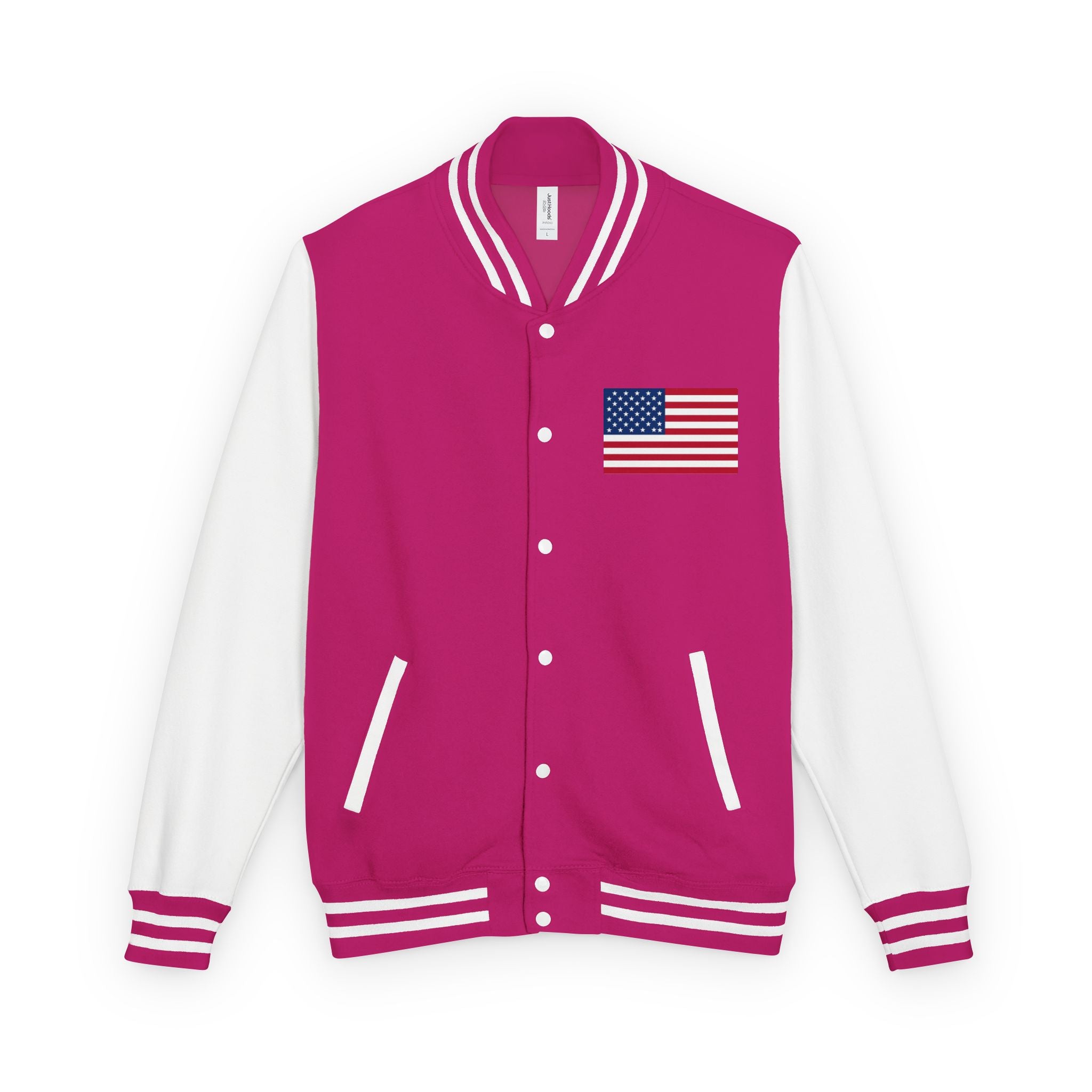 Pink and white varsity jacket with American flag patch on a white background