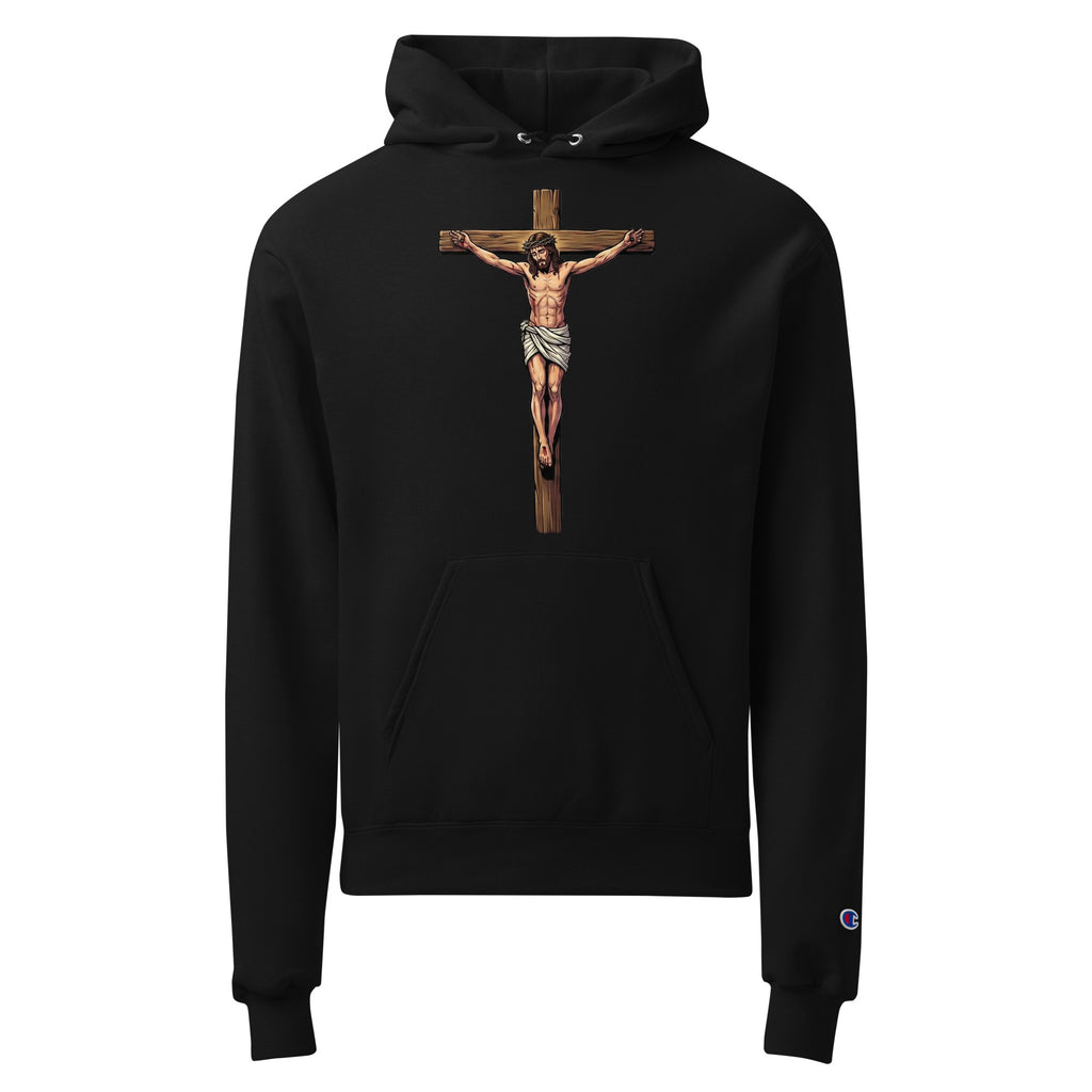 Black hoodie with a crucifixion design on a white background