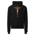 Black hoodie with a crucifixion design on a white background