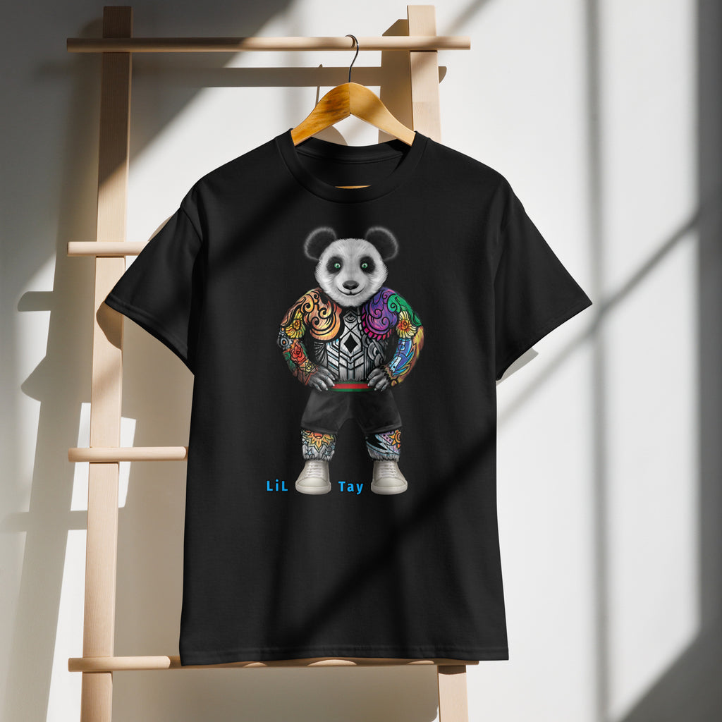 Black t-shirt with 'BUILT DIFFERENT' text on a wooden rack.